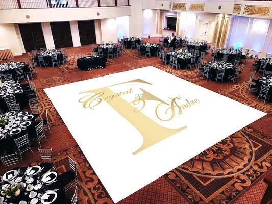 Custom Decal Dance Floor Wrap Gloss White Removable Vinyl with Printed Monogram Logo Design in The Center - Wedding Sticker Print Wrap