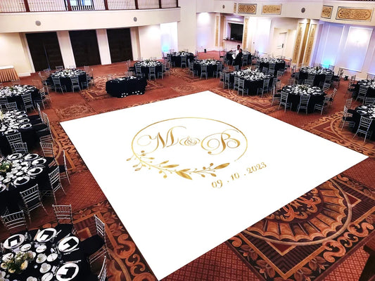 Custom Decal Dance Floor Wrap Gloss White Removable Vinyl with Printed Monogram Logo Design in The Center - Wedding Sticker Print Wrap