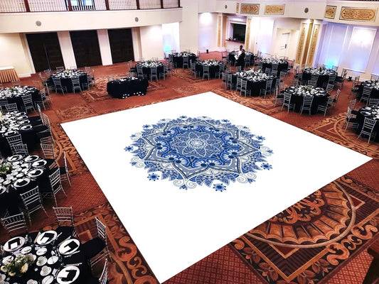 Custom Decal Dance Floor Wrap Gloss White Removable Vinyl with Printed Mandala Mehdi Logo Design in The Center - Wedding Sticker Print Wrap