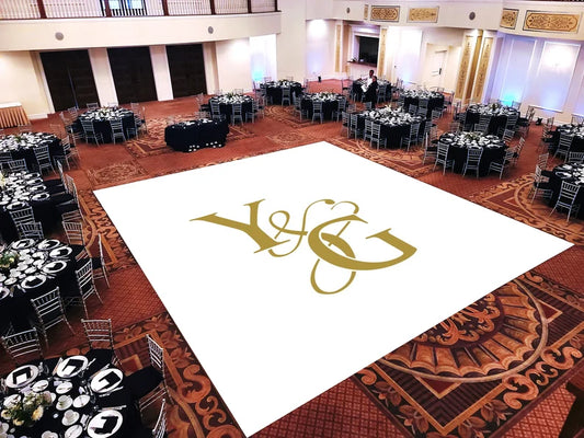 Custom Decal Dance Floor Wrap Gloss White Removable Vinyl with Printed Initial Monogram Logo Design in The Center Wedding Sticker Print Wrap