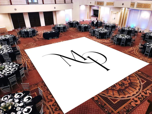 Custom Decal Dance Floor Wrap Gloss White Removable Vinyl with Printed Monogram Logo Design in The Center - Wedding Sticker Print Wrap