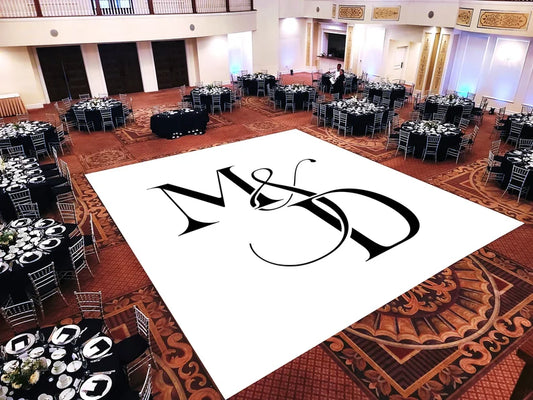 Custom Decal Dance Floor Wrap Gloss White Removable Vinyl with Printed Monogram Logo Design in The Center - Wedding Sticker Print Wrap