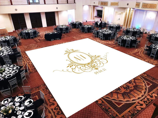 Custom Decal Dance Floor Wrap Gloss White Removable Vinyl with Gold Printed Monogram Logo Design in The Center - Wedding Sticker Print Wrap