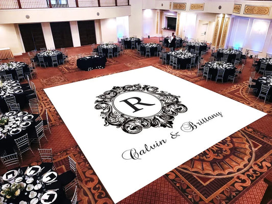 Custom Decal Dance Floor Wrap Gloss White Removable Vinyl with Printed Monogram Logo Design in The Center - Wedding Sticker Print Wrap