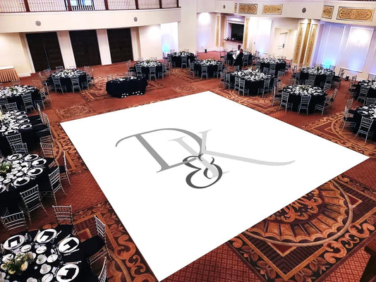 Custom Decal Dance Floor Wrap Gloss White Removable Vinyl with Printed Monogram Logo Design in The Center - Wedding Sticker Print Wrap