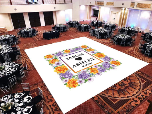 Custom Decal Dance Floor Wrap Gloss White Removable Vinyl with Printed Monogram Logo Design in The Center - Wedding Sticker Print Wrap