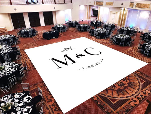 Custom Decal Dance Floor Wrap Gloss White Removable Vinyl with Printed Monogram Logo Design in The Center - Wedding Sticker Print Wrap