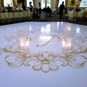 Complete Custom Decal Dance Floor Wrap Gloss White Removable Vinyl w/ Printed Center Monogram Logo, Initials, Names - Wedding Sticker