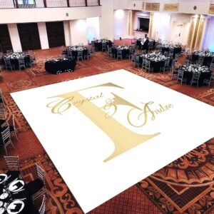 Custom Decal Dance Floor Wrap Gloss White Removable Vinyl with Printed Monogram Logo Design in The Center - Wedding Sticker Print Wrap