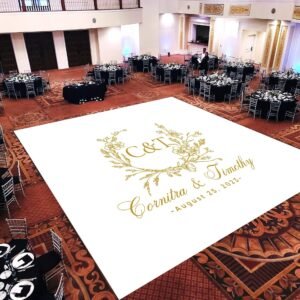 Custom Decal Dance Floor Wrap Gloss White Removable Vinyl with Printed Monogram Logo Design in The Center - Wedding Sticker Print Wrap