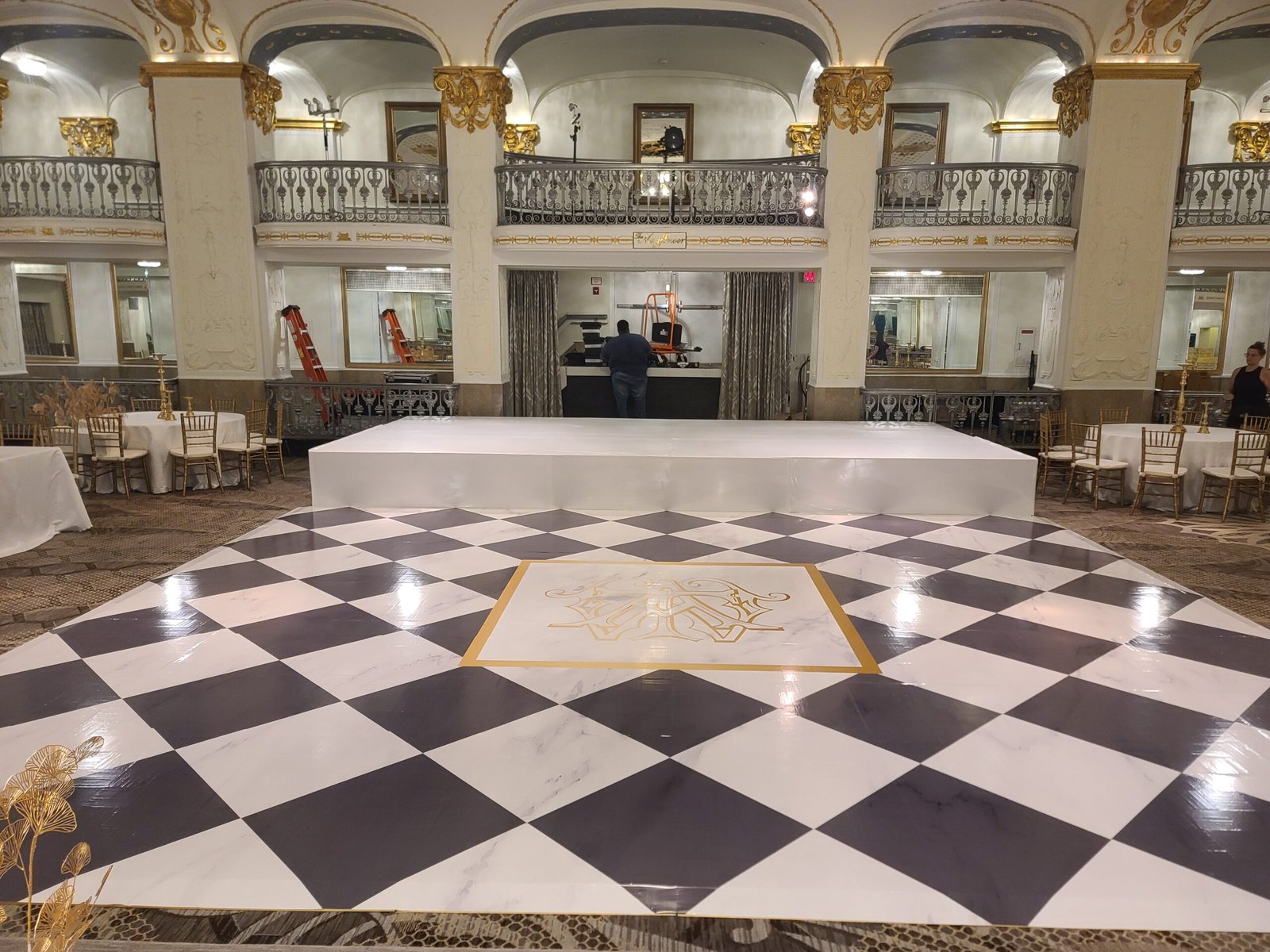 Custom Floor Wrap / Decal For Wedding - Full Marble Checkerboard Print with Center Monogram