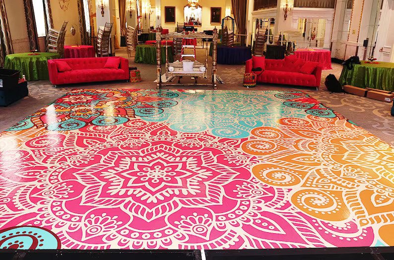 Custom Decal Dance Floor Wrap Gloss Removable Vinyl Indian Sangeet Ceremony Wedding Mehdi Mandala Full Color Print