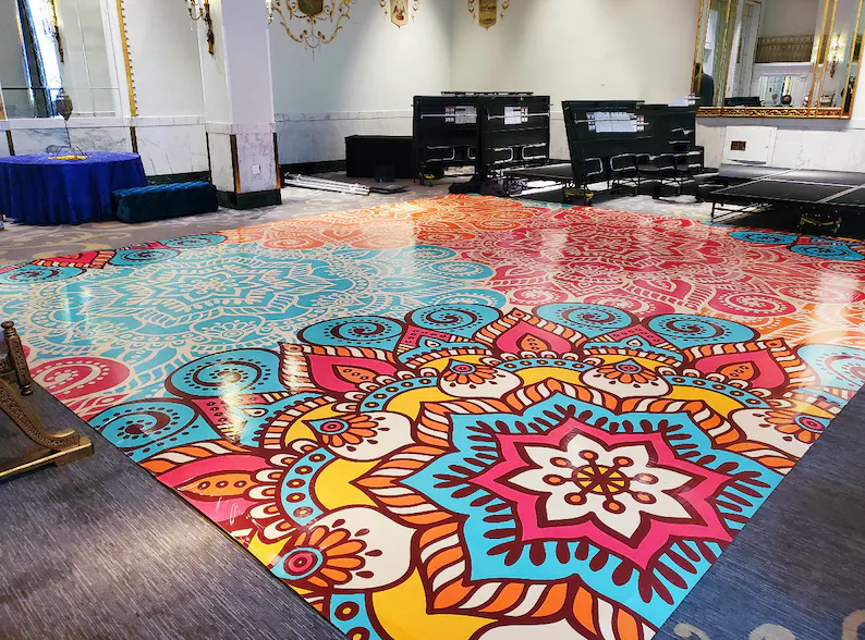 Custom Decal Dance Floor Wrap Gloss Removable Vinyl Indian Sangeet Ceremony Wedding Mehdi Mandala Full Color Print