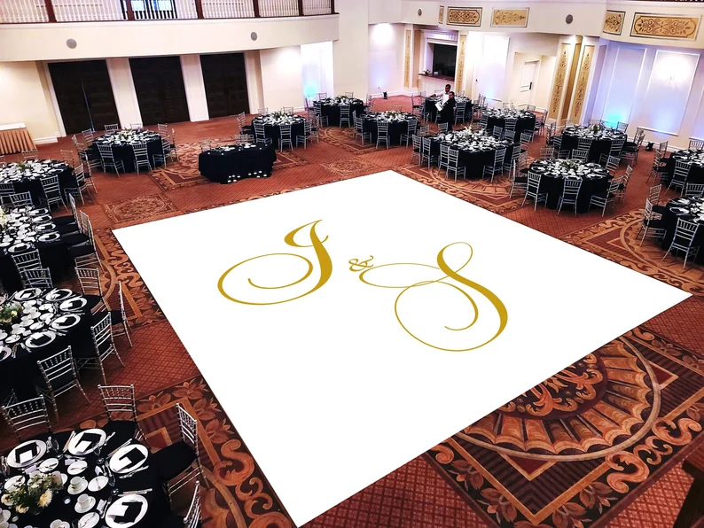Custom Decal Dance Floor Wrap Gloss White Removable Vinyl with Printed Monogram Logo Design in The Center - Wedding Sticker Print Wrap