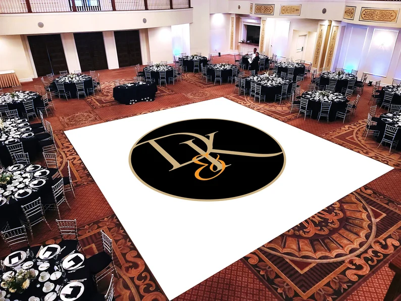 Custom Decal Dance Floor Wrap Gloss White Removable Vinyl with Printed Monogram Logo Design in The Center