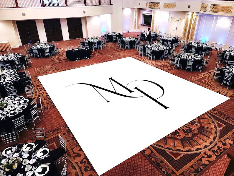 Custom Decal Dance Floor Wrap Gloss White Removable Vinyl with Printed Monogram Logo Design in The Center - Wedding Sticker Print Wrap