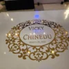 Custom Decal Dance Floor Wrap Gloss White Removable Vinyl with Metallic Shiny Chrome Gold Foil Monogram Logo Design in Center for Wedding
