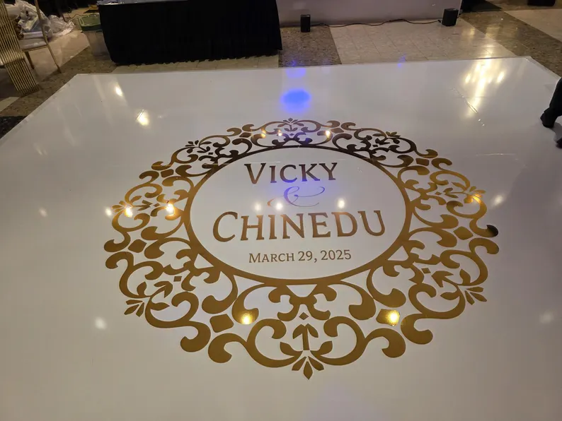 Custom Decal Dance Floor Wrap Gloss White Removable Vinyl with Metallic Shiny Chrome Gold Foil Monogram Logo Design in Center for Wedding