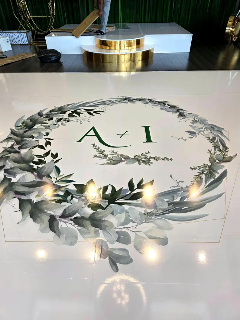 Custom Decal Dance Floor Wrap Gloss White Removable Vinyl with Printed Green Flower Floral & Initial Monogram Logo in The Center Wedding