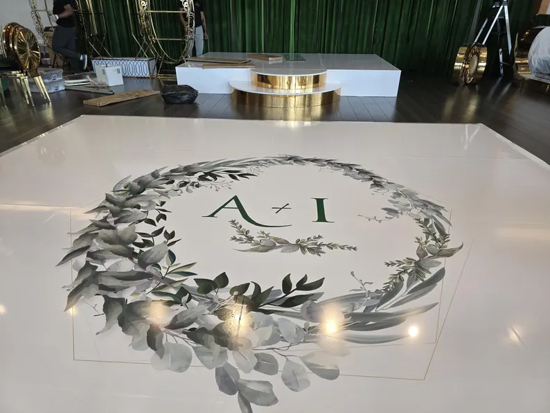 Custom Decal Dance Floor Wrap Gloss White Removable Vinyl with Printed Green Flower Floral & Initial Monogram Logo in The Center Wedding