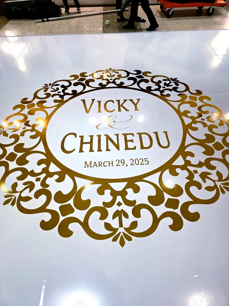 Custom Decal Dance Floor Wrap Gloss White Removable Vinyl with Metallic Shiny Chrome Gold Foil Monogram Logo Design in Center for Wedding