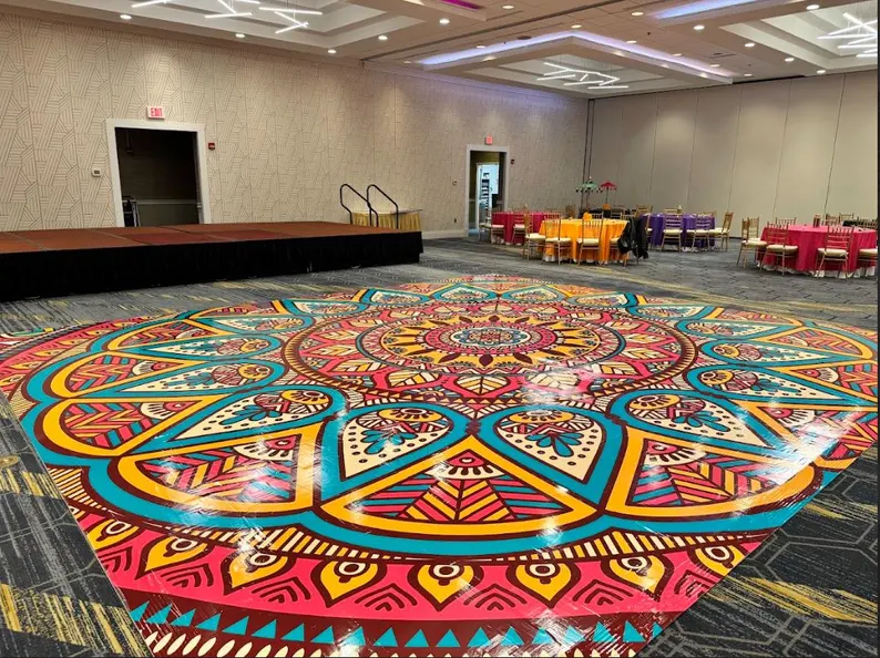 Mandala Sangeet Ceremony Floor Wrap | Custom Indian Wedding Dance Floor Vinyl | Removable Gloss Decal for Mehndi & Traditional Celebrations