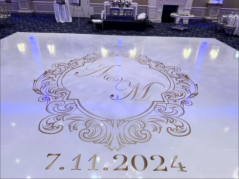 Custom Decal Dance Floor Wrap Gloss White Removable Vinyl with Metallic Shiny Chrome Gold Foil Monogram Logo Design in Center for Wedding