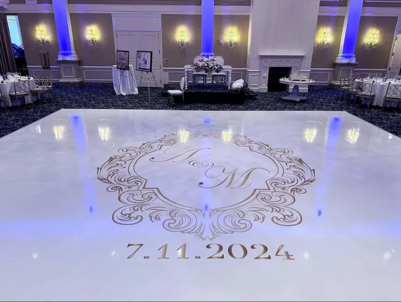 Custom Decal Dance Floor Wrap Gloss White Removable Vinyl with Metallic Shiny Chrome Gold Foil Monogram Logo Design in Center for Wedding - Image 4