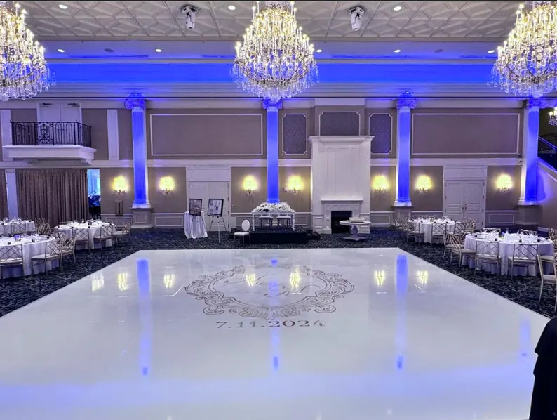 Custom Decal Dance Floor Wrap Gloss White Removable Vinyl with Metallic Shiny Chrome Gold Foil Monogram Logo Design in Center for Wedding - Image 3