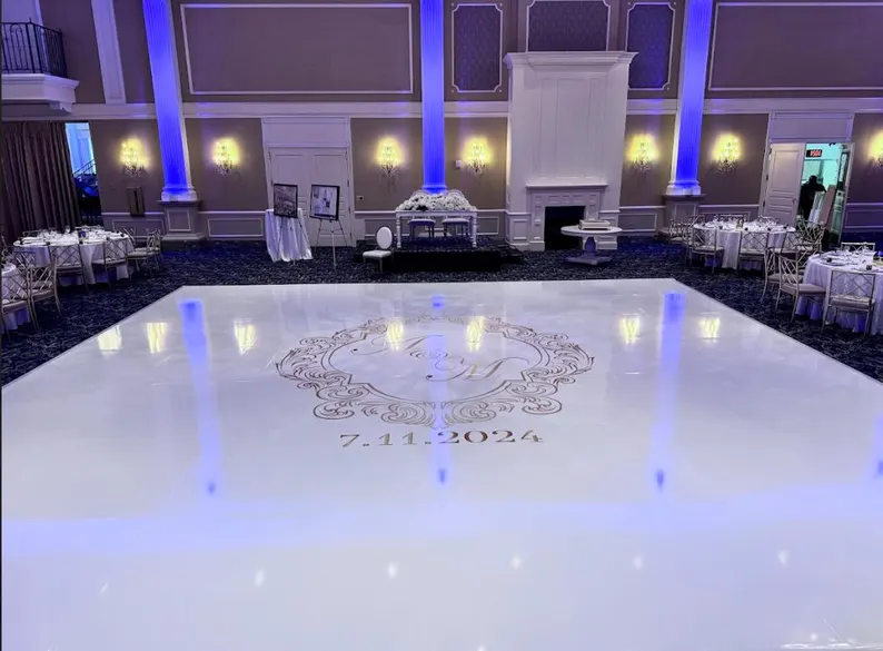 Custom Decal Dance Floor Wrap Gloss White Removable Vinyl with Metallic Shiny Chrome Gold Foil Monogram Logo Design in Center for Wedding - Image 2