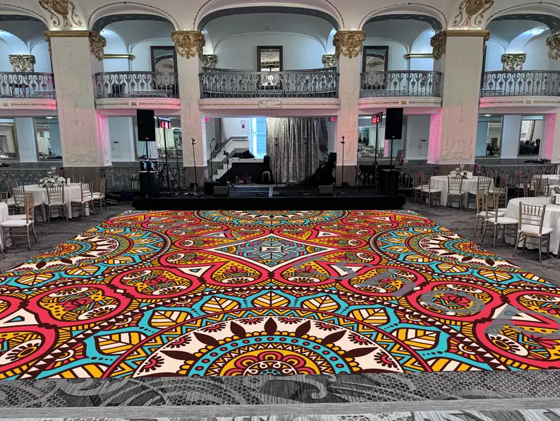 Mandala Sangeet Ceremony Floor Wrap | Custom Indian Wedding Dance Floor Vinyl | Removable Gloss Decal for Mehndi & Traditional Celebrations