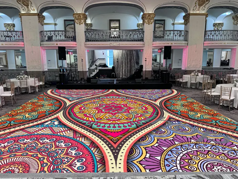 Mandala Sangeet Ceremony Floor Wrap | Custom Indian Wedding Dance Floor Vinyl | Removable Gloss Decal for Mehndi & Traditional Celebrations