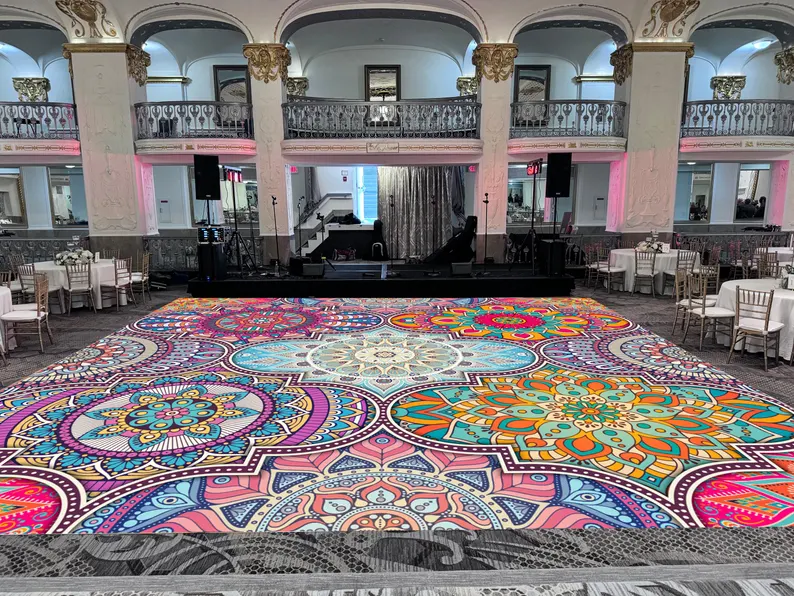 Mandala Sangeet Ceremony Floor Wrap | Custom Indian Wedding Dance Floor Vinyl | Removable Gloss Decal for Mehndi & Traditional Celebrations