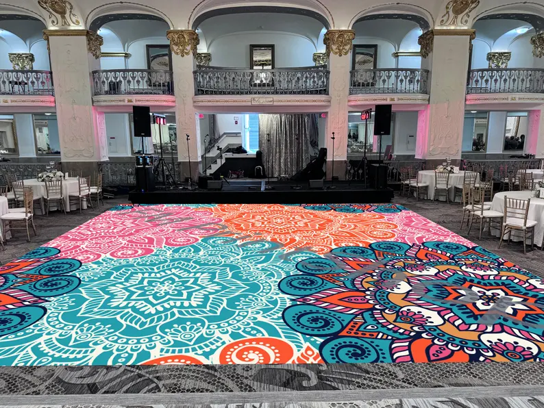 Mandala Sangeet Ceremony Floor Wrap | Custom Indian Wedding Dance Floor Vinyl | Removable Gloss Decal for Mehndi & Traditional Celebrations