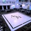 Complete custom decal dance floor wrap gloss white removable vinyl w/ printed center monogram logo initials, names and border trim design