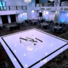 Complete custom decal dance floor wrap gloss white removable vinyl w/ printed center monogram logo initials, names and border trim design