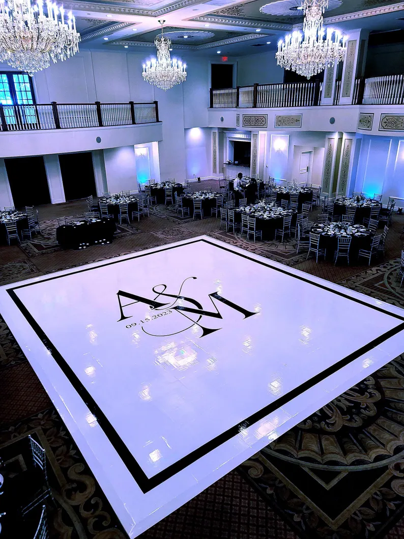 Complete custom decal dance floor wrap gloss white removable vinyl w/ printed center monogram logo initials, names and border trim design