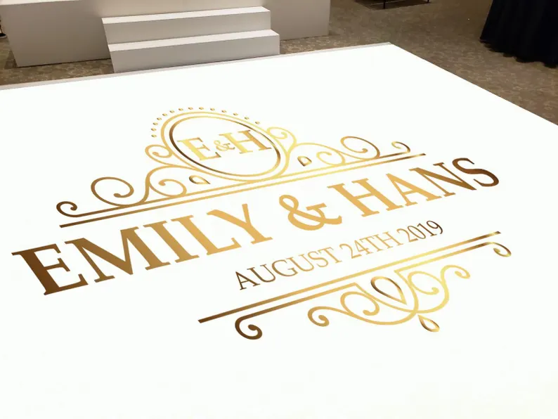 Custom decal dance floor wrap gloss white removable vinyl with printed monogram logo design in the center - wedding sticker print wrap